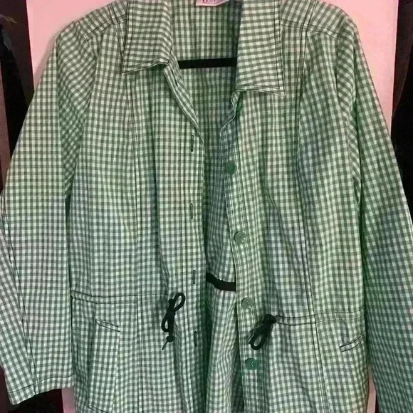 Denim&Co Green Gingham Shirt & Jacket Drawstring Waist Button Down front small - Picture 7 of 7
